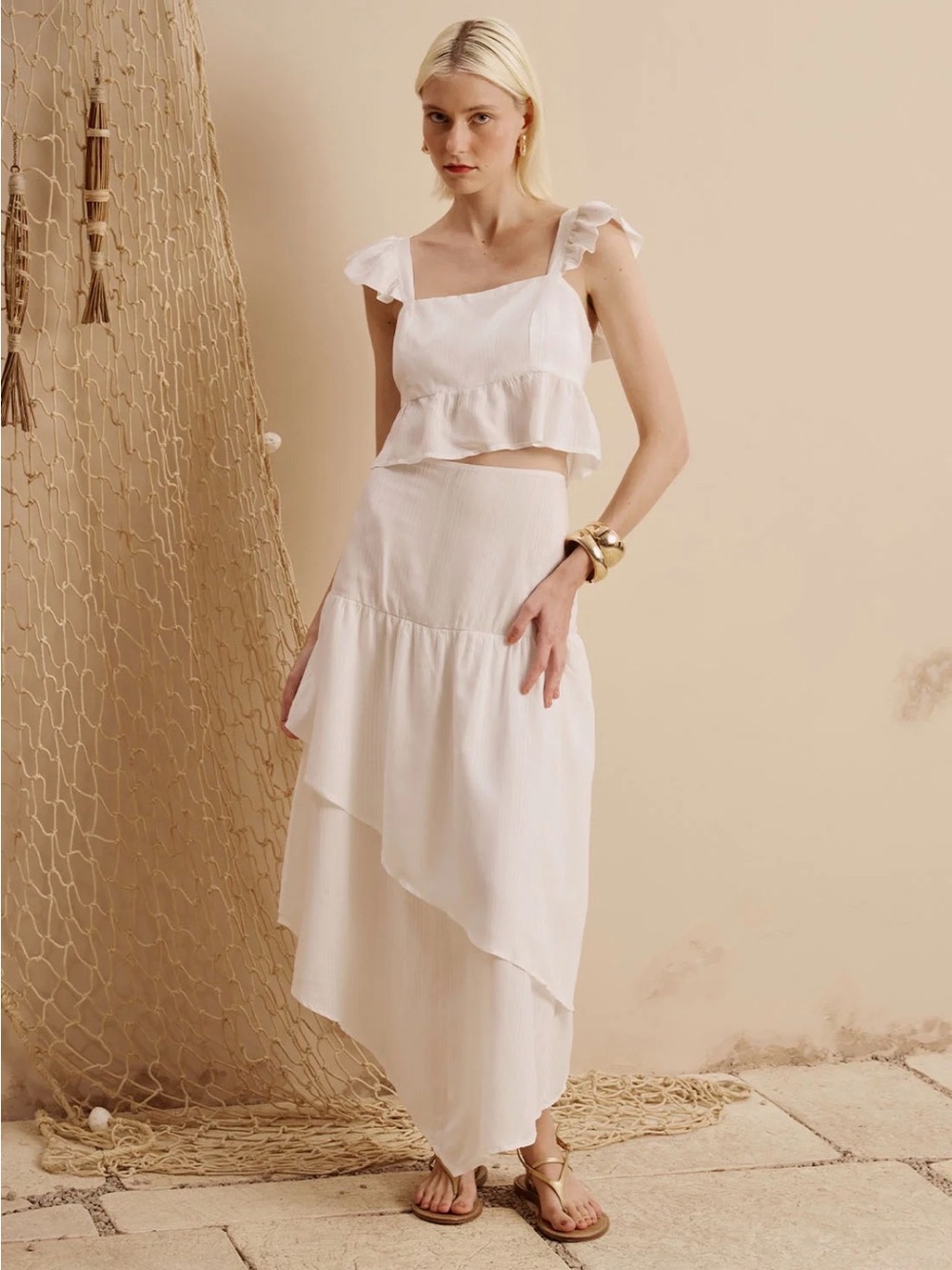 NWT Cacay $349 White Tiered Midi Skirt Size Small